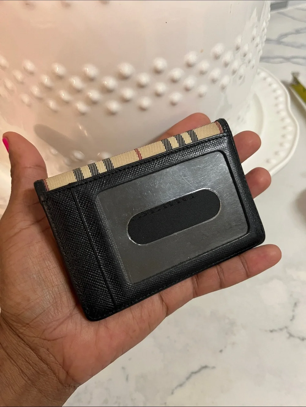 Burberry Beige Plaid Card & Key Holder with Black Trim
